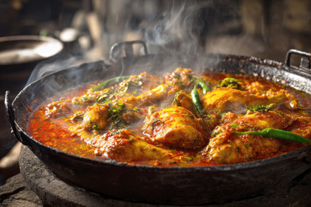 Authentic, flavorful and aromatic chicken curry stewed in a vibrant red-orange gravy with visible steam, hot chilies, and herbs, showcasing traditional Asian cuisine, spices, and home cooking.の素材