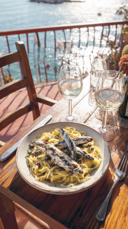 Delicious pasta dish topped with whole anchovies and capers, paired with white wine, enjoyed at a scenic coastal restaurant. The rustic setting and sparkling Mediterranean sea view capture the essence of a summer holiday.の素材