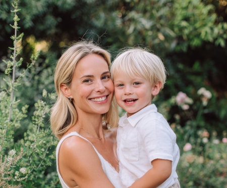 A heartwarming, natural portrait of a cheerful mother and her little boy embracing and smiling at the camera outdoors. The scene is set in a vibrant garden, conveying family bonding, happiness, and love in the summer.の素材