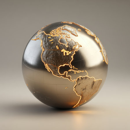 Metallic Gold and Silver Stylized Earth Globe Focusing on North and South America, Featuring Topographic Continents with a Bright Orange Luminous Edge Glow, Symbolizing Global Business, Technology, Connectivity, and Geopoliticsの素材