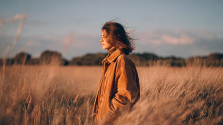 A peaceful portrait of a young woman standing in tall, golden-brown grass during a warm sunset. Her eyes are closed in quiet contemplation, capturing themes of nature connection, solitude, tranquility, and mental health.の素材
