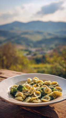 A delicious plate of traditional Italian orecchiette pasta with broccoli and a light pesto or olive oil sauce, resting on a rustic wooden table. Background features a stunning, blurred view of green rolling hills and mountains in Italian countryside.の素材