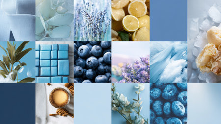 Aesthetic mood board collage featuring 12 squares of curated images in blue, lavender, and yellow tones. Includes natural elements like lemon, blueberry, eucalyptus, and lavender, representing concepts of fresh food, beauty, and wellness.の素材