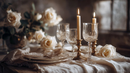 Intimate and elegant table setting for a romantic dinner or wedding celebration. Crystal glasses, delicate china plates, soft linen, and lit candles cast a warm, golden glow. Beautiful white roses complete this luxurious, vintage and dreamy scene.の素材