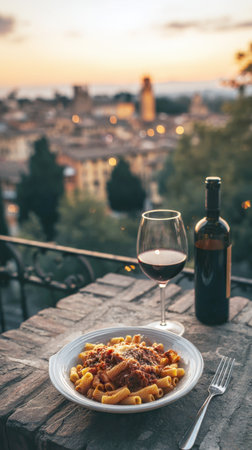 Romantic Dinner Setting with Pasta and Red Wine on a Balcony Overlooking an Historic European City at Dusk, Capturing the Warm Glow of Sunset and City Lights, Perfect for Travel, Italian Cuisine, and Fine Diningの素材