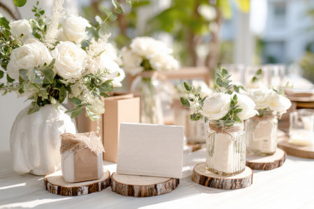 Beautiful rustic and elegant outdoor wedding or event table setting with white roses, eucalyptus, and handmade favors. Features a blank wooden sign on a natural wood slice, perfect for titles, text, or romantic event announcements.の素材