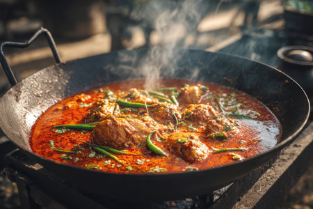 A mouth-watering, vibrant red chicken curry, rich with oil and spice, steaming hot in a rustic black wok over an outdoor fire. This authentic image captures the rich flavors of Indian or South Asian home cookingの素材