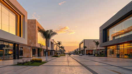 Vibrant, modern outdoor shopping mall exterior at beautiful sunset golden hour. Dynamic city life and contemporary architecture with warm light reflections on glass facades.の素材
