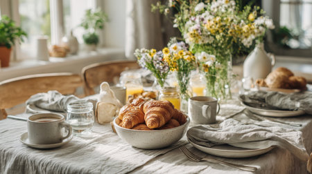 Delicious, French-style breakfast on a beautifully set rustic wooden table, featuring a bowl of golden croissants, mugs of coffee, fresh orange juice, and a vase of wildflowers. Morning light creates a cozy, appealing lifestyle and slow living scene.の素材