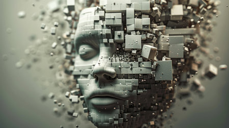 high-detail macro shot of a stylized human face breaking apart into a swarm of geometric cubes and particles, symbolizing artificial intelligence, data dissolution, digital identity, technological disruption, and complexities of modern human psyche.の素材