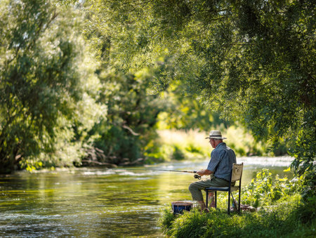 Candid portrait of a senior man sitting on a riverbank, calmly fishing under the shade of a tree on a beautiful sunny summer day. Peaceful retirement and hobby.の素材