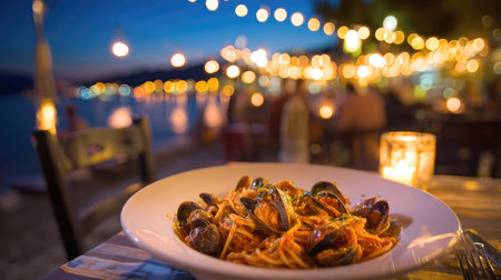 Delicious plate of seafood pasta (spaghetti with mussels) served on a table at a romantic, open-air restaurant by the beach or sea at dusk. Warm string lights and a candle create a vibrant bokeh and an idyllic summer holiday atmosphere.の素材