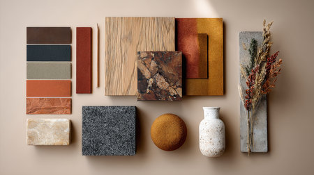 Flat lay mood board with architectural and interior design materials including wood, marble, granite, brick, and terracotta in earthy, warm tones. Home renovation concept.の素材