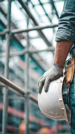 Close-Up of Construction Worker's Arm and Hand, Holding a White Safety Hard Hat Against a Backdrop of Industrial Scaffolding and Metal Structure.の素材