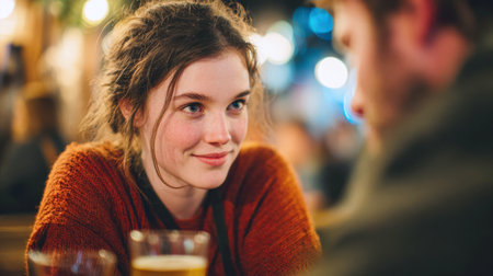 A candid, close-up moment of a smiling young woman looking affectionately at her partner across a table in a dimly lit bar or pub, with warm, vibrant bokeh lights creating a romantic and cozy atmosphere for date night.の素材