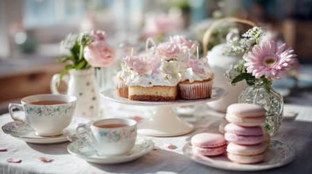 A delightful and feminine high tea party table featuring fluffy cupcakes topped with buttercream and sugar flowers, a stack of pink macarons, and delicate floral teacups. Perfect for baby showers, bridal events, or sweet spring celebrationsの素材