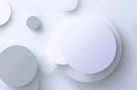 Clean, minimalist abstract background featuring overlapping 3D rendered circles in white, gray, and light blue tones, creating a modern geometric pattern with soft shadows and a subtle striped texture, perfect for tech and corporate.の素材