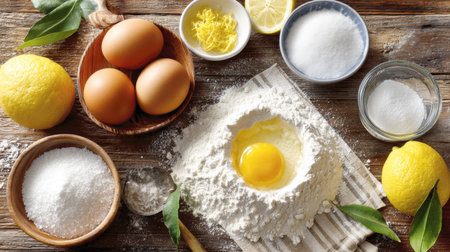 Overhead flat lay of essential baking ingredients on a rustic wood surface: flour with an egg in the center, alongside lemons, sugar, and zest. Perfect for a lemon cake or cookies recipe.の素材