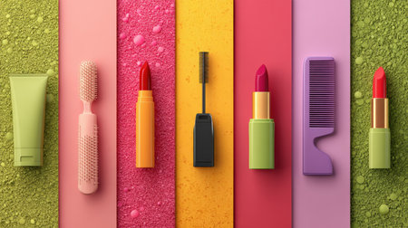 Vibrant, colorful flat lay arrangement of beauty and makeup products-including lipsticks, mascara, a toothbrush, a comb, and cream tube-placed on striped backgrounds with contrasting textures and bold colorsの素材