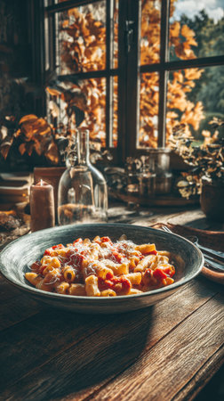 A close-up of delicious Italian rigatoni or penne pasta with rich tomato sauce and cheese served in a rustic bowl on an old wooden table. The cozy scene is framed by an autumn window with golden foliage and candlelightの素材