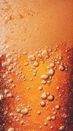 Extreme macro close-up of effervescent carbonation bubbles rising through golden amber liquid, forming a textured foam head, capturing the refreshing detail of beer, cider, or sparkling soda beverage.の素材