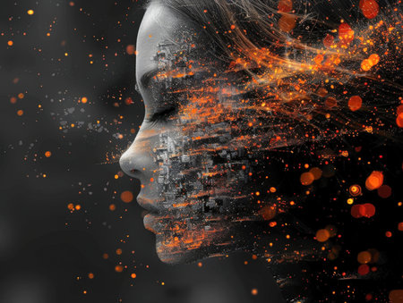 Abstract digital art of a female face merging with luminous data points and fiery streams, representing artificial intelligence, big data, futuristic concepts, innovation, and the digital world.の素材