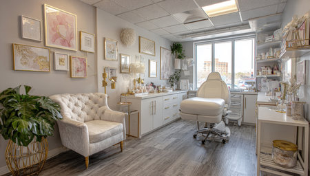 A beautifully decorated, clean, and modern treatment room in a dermatology clinic, beauty salon, or spa. The room features white cabinetry, gold hardware, soft seating, and an adjustable exam chair for skincare and aesthetic services.の素材