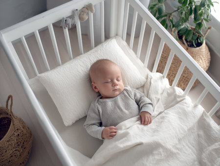 Adorable, peaceful baby boy sleeping deeply in a modern white crib, tucked under soft white linen. This heartwarming, high-angle portrait captures a moment of calm infantry, perfect for parenting, comfort, and nursery themes.の素材