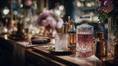 A close-up of a sophisticated crystal decanter and a matching tumbler on a dark, polished bar or table, bathed in the soft, warm glow of blurred background lights and bokeh, suggesting a luxury evening event or fine dining atmosphere.の素材
