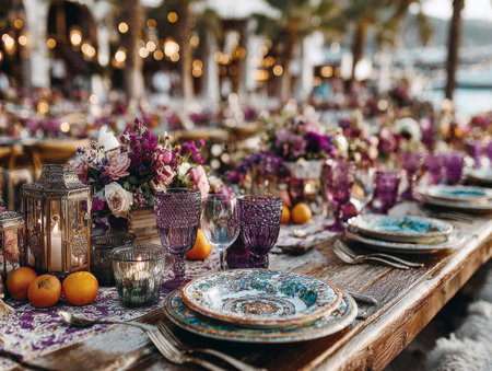 Enchanting Bohemian Sunset Celebration: Luxury Outdoor Wedding Dinner Table Setting with Rich Jewel Tones and Exquisite Floral Arrangements.の素材