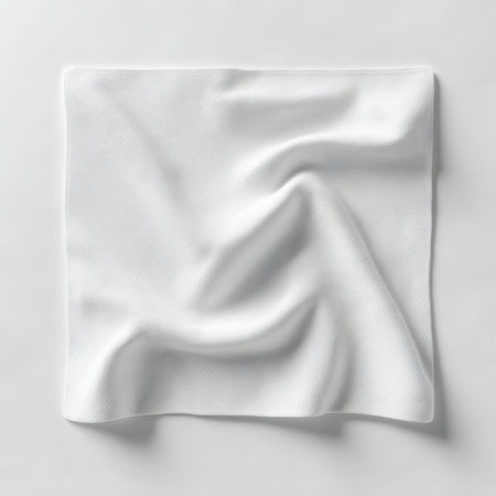 Clean and elegant top-down view of a square white fabric swatch with subtle diagonal weave and natural wrinkles, offering a perfect minimalist texture backdrop or a high-quality apparel mockup template.の素材