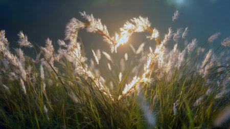 A stunning, romantic scene where pampas grass or tall plumes of wild grass are shaped into a glowing heart against a dark background. The sun shines through the heart, symbolizing love, nature, peaceful, dreamy ambiance. Ideal for romance concepts.の素材