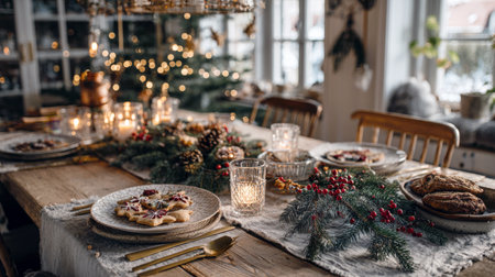 Cozy and rustic holiday dinner table set for Christmas. Features a centerpiece of pine garland, pinecones, and berries, with gingerbread cookies on plates, glowing candles, and a blurred Christmas tree in the background.の素材