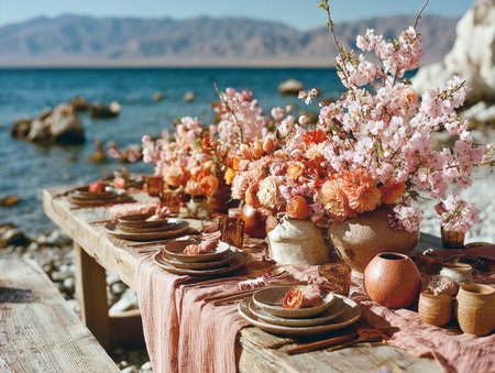 Beautifully styled outdoor dining setup on a rugged shoreline with mountains in the background. Features a rustic, natural aesthetic with clay pots, earthy tones, and vibrant flower arrangements, ideal for weddings, events, travel, lifestyle conceptsの素材