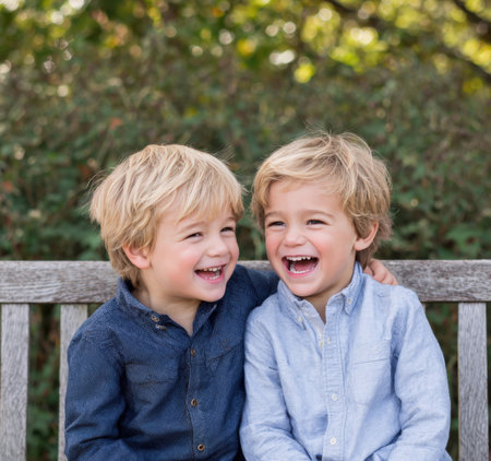 Delightful, unposed portrait capturing two happy young brothers or friends laughing with arms around each other on a park bench. Excellent for themes of childhood, family, joy, bonding, education, parenting, and positive emotions.の素材