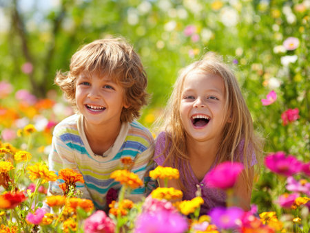 Close-up portrait of two cheerful children laughing and playing in a bright, colorful summer flower field. Captures pure childhood joy, innocence, and happiness in a sunny, vibrant outdoor setting, perfect for summer lifestyle.の素材