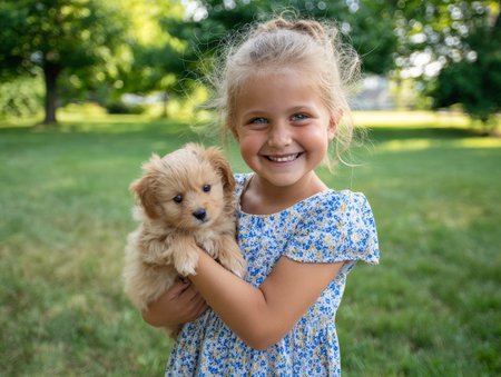 Close-up portrait of a happy young girl hugging a cute, fluffy puppy (Goldendoodle/Cockapoo) outdoors on a sunny day. Captures pure childhood happiness, pet companionship, and animal love, perfect for summer or family themes.の素材