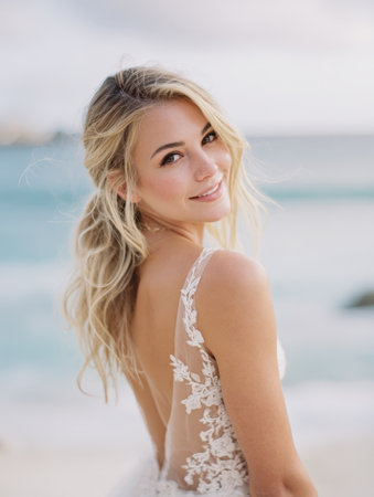 Lovely close-up portrait of a woman with long wavy hair and natural makeup, wearing a delicate lace gown on the beach. Perfect for beauty, skincare, fashion, bridal, resort wear, tropical travel, happiness, and destination wedding concepts.の素材
