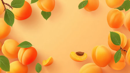 Healthy and fresh apricot fruit frame with green leaves on a warm, soft orange background. Includes whole and sliced apricots, perfect for jams, juices, nutritional information, food labels, packaging design, and summer harvest concepts.の素材