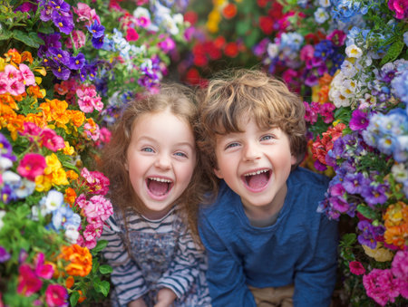 A close-up portrait of two ecstatic children (a boy and a girl) surrounded by a stunning frame of vibrant, colorful spring flowers. They are laughing happily, showing pure joy, innocence, and the beauty of childhood.の素材