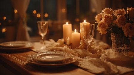 A warm and intimate setting for a romantic dinner. The wooden table features lit candles, crystal glasses, fine porcelain plates, and peach roses in a vase, enveloped in a soft, luxurious glow with bokeh lighting.の素材