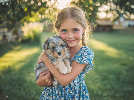 A precious moment capturing a young girl in a blue dress lovingly hugging an adorable puppy in a sunny park or yard. The image features golden sunlight and bokeh and represents childhood joy, pet ownership, and friendship.の素材