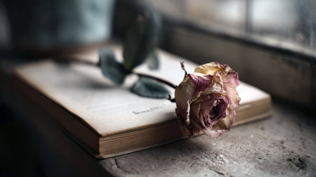 Atmospheric, dark still life of a single dried rose lying on an open vintage book near a window. Evokes nostalgia, memory, lost romance, and the passage of time. Perfect for historical or melancholy themes.の素材