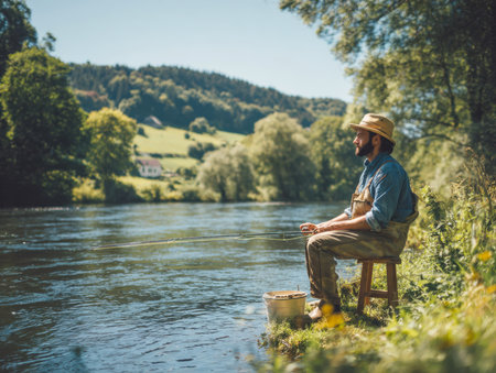 man in a straw hat and fishing waders sitting quietly on a stool at the edge of a wide river, holding a fishing rod. The scene is set in a picturesque, lush green countryside with rolling hills and distant houses on a bright, sunny summer day.の素材