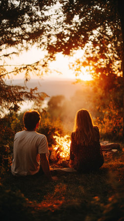 Romantic Sunset Campfire: Young Couple Sitting by a Blazing Fire, Enjoying a Peaceful Evening and Watching the Sun Set Over a Wilderness Landscape.の素材