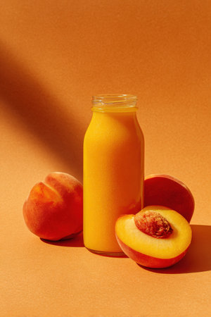 Vibrant Still Life Photography of a Clear Glass Bottle Containing Bright Yellow Peach Juice, Accompanied by Fresh, Halved, and Whole Ripe Peaches on a Monochrome Orange Background with Hard Sunlight and Shadowの素材