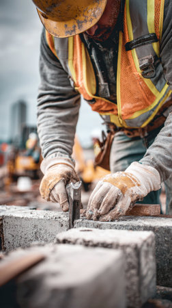 A close-up, vertical shot of a construction worker in a hard hat and safety vest using a chisel and hammer to work on a concrete block or stone at an active urban job site. The focus is on the gritty, manual labor and detail of the work.の素材