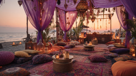 Enchanted Bohemian Beach Lounge: Luxurious Middle Eastern-Style Tent with Purple Draping, Intricate Lanterns, and Plush Pillows on the Sand at Sunset.の素材