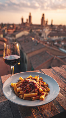 plate of rigatoni pasta with a rich meat sauce and gratified cheese, alongside a glass of red wine, set on a brick wall. The background is a stunning, blurred sunset cityscape of a historic European city, like Bologna or Siena, with terracotta rooftops.の素材