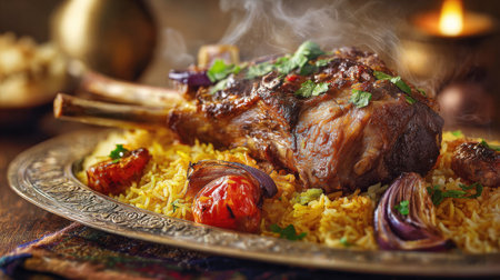 Authentic Steaming Lamb Mandi: Close-up of Spiced Slow-Cooked Lamb Shank Resting on a Bed of Saffron Basmati Rice and Garnished with Charred Vegetables.の素材